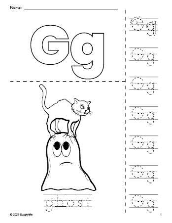 Free printable ghost Halloween coloring page and letter tracing worksheet, letter g worksheet for preschool, pre-k, and kindergarten, PDF