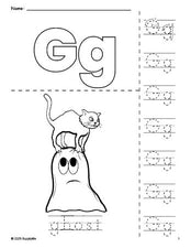 Free printable ghost Halloween coloring page and letter tracing worksheet, letter g worksheet for preschool, pre-k, and kindergarten, PDF