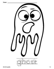 Free printable ghost Halloween coloring page and word tracing worksheet, letter formation guides, perfect for preschool, pre-k, and kindergarten, PDF