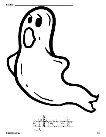 Free printable ghost Halloween coloring page and word tracing worksheet, letter formation guides, perfect for preschool, pre-k, and kindergarten, PDF