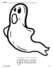 Free printable ghost Halloween coloring page and word tracing worksheet, letter formation guides, perfect for preschool, pre-k, and kindergarten, PDF