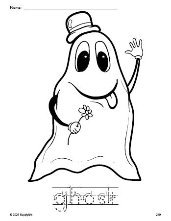 Free printable ghost Halloween coloring page and word tracing worksheet, letter formation guides, perfect for preschool, pre-k, and kindergarten, PDF