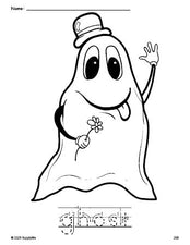 Free printable ghost Halloween coloring page and word tracing worksheet, letter formation guides, perfect for preschool, pre-k, and kindergarten, PDF