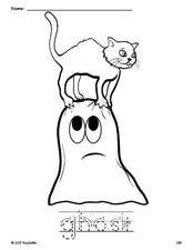 Free printable ghost Halloween coloring page and word tracing worksheet, letter formation guides, perfect for preschool, pre-k, and kindergarten, PDF