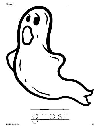 Free printable ghost Halloween coloring page and word tracing worksheet, perfect for preschool, pre-k, and kindergarten, PDF