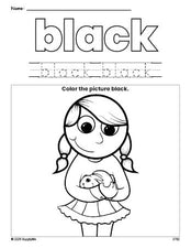 Free girl color black coloring page and color worksheet, black worksheet for preschoolers to learn colors, printable PDF