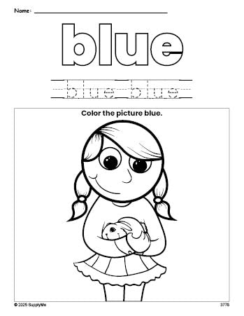 Free girl color blue coloring page and color worksheet, blue worksheet for preschoolers to learn colors, printable PDF