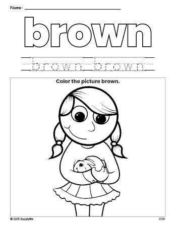 Free girl color brown coloring page and color worksheet, brown worksheet for preschoolers to learn colors, printable PDF