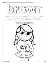 Free girl color brown coloring page and color worksheet, brown worksheet for preschoolers to learn colors, printable PDF