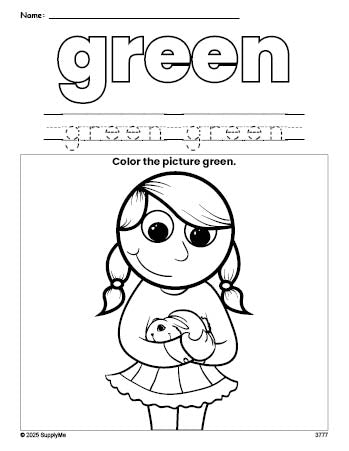 Free girl color green coloring page and color worksheet, green worksheet for preschoolers to learn colors, printable PDF