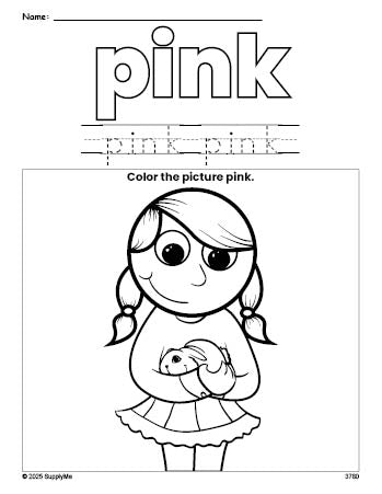 Free girl color pink coloring page and color worksheet, pink worksheet for preschoolers to learn colors, printable PDF