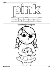 Free girl color pink coloring page and color worksheet, pink worksheet for preschoolers to learn colors, printable PDF