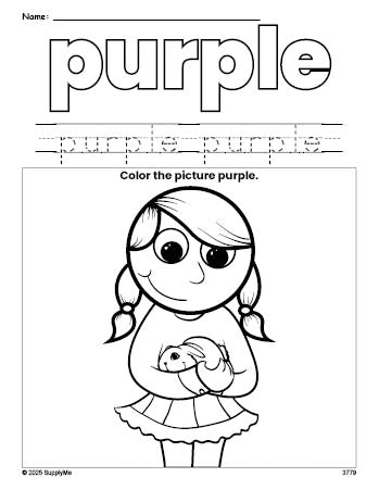 Free girl color purple coloring page and color worksheet, purple worksheet for preschoolers to learn colors, printable PDF