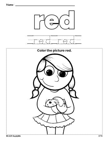 Free girl color red coloring page and color worksheet, red worksheet for preschoolers to learn colors, printable PDF