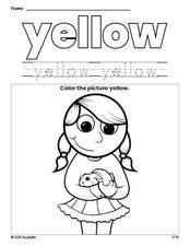 Free girl color yellow coloring page and color worksheet, yellow worksheet for preschoolers to learn colors, printable PDF