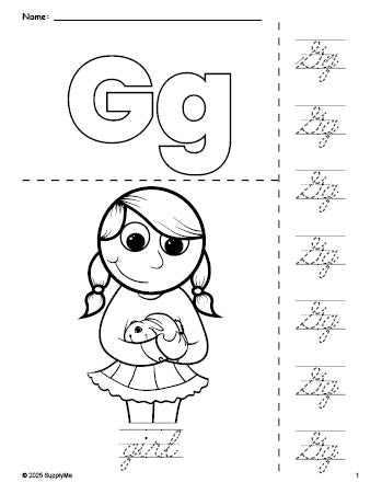 Free printable girl coloring page and cursive letter tracing worksheet, letter g worksheet for preschool, pre-k, and kindergarten, PDF