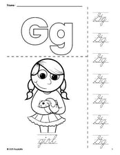 Free printable girl coloring page and cursive letter tracing worksheet, letter g worksheet for preschool, pre-k, and kindergarten, PDF