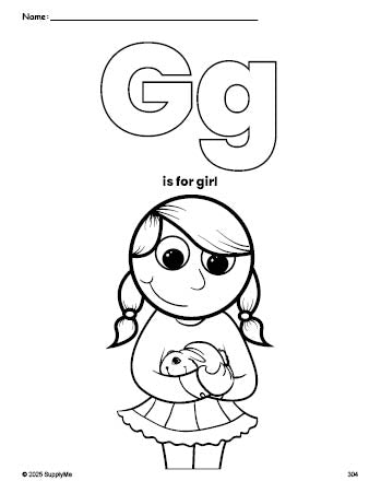 Free printable girl coloring page, letter g coloring page for preschool, pre-k, and kindergarten, PDF