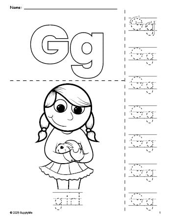 Free printable girl coloring page and letter tracing worksheet, letter g worksheet for preschool, pre-k, and kindergarten, PDF