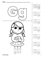 Free printable girl coloring page and letter tracing worksheet, letter g worksheet for preschool, pre-k, and kindergarten, PDF