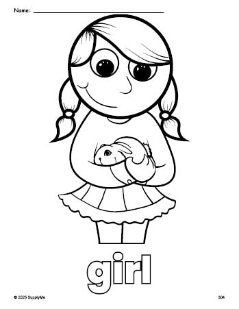 Free printable girl coloring page for preschool, pre-k, and kindergarten, PDF