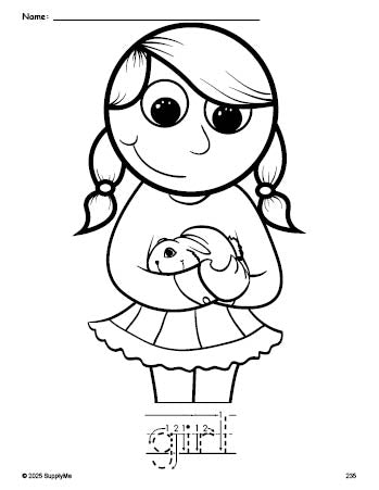 Free printable girl coloring page and word tracing worksheet, letter formation guides, perfect for preschool, pre-k, and kindergarten, PDF