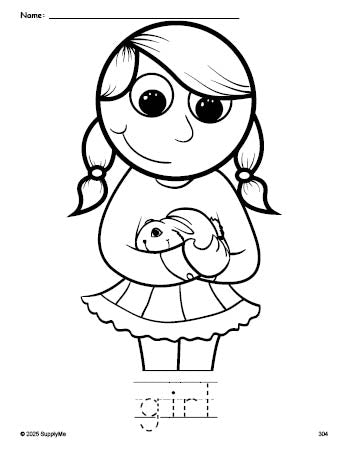 Free printable girl coloring page and word tracing worksheet, perfect for preschool, pre-k, and kindergarten, PDF