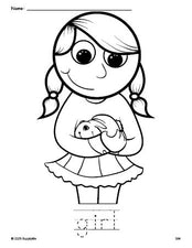 Free printable girl coloring page and word tracing worksheet, perfect for preschool, pre-k, and kindergarten, PDF