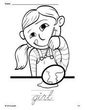 Free printable girl Easter coloring page and cursive word tracing worksheet, perfect for preschool, pre-k, and kindergarten, PDF