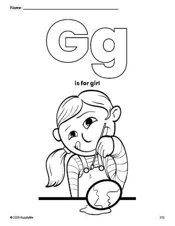 Free printable girl Easter coloring page, letter g coloring page for preschool, pre-k, and kindergarten, PDF