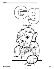 Free printable girl Easter coloring page, letter g coloring page for preschool, pre-k, and kindergarten, PDF