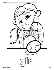 Free printable girl Easter coloring page for preschool, pre-k, and kindergarten, PDF