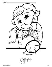 Free printable girl Easter coloring page and word tracing worksheet, letter formation guides, perfect for preschool, pre-k, and kindergarten, PDF