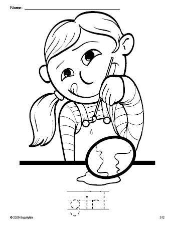 Free printable girl Easter coloring page and word tracing worksheet, perfect for preschool, pre-k, and kindergarten, PDF