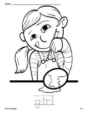 Free printable girl Easter coloring page and word tracing worksheet, perfect for preschool, pre-k, and kindergarten, PDF