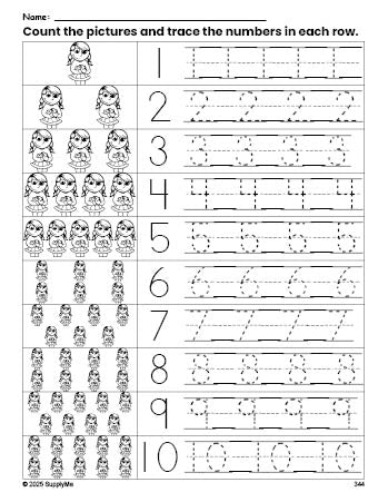 Free printable girl counting worksheet for preschool and pre-k with number tracing practice 1-10, PDF