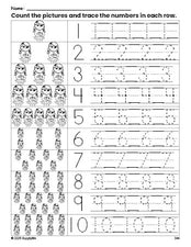 Free printable girl counting worksheet for preschool and pre-k with number tracing practice 1-10, PDF