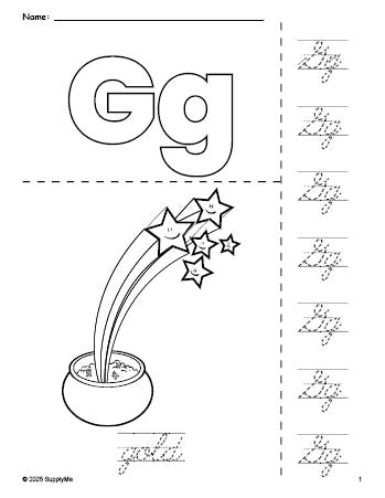 Free printable gold St. Patrick's Day coloring page and cursive letter tracing worksheet, letter g worksheet for preschool, pre-k, and kindergarten, PDF