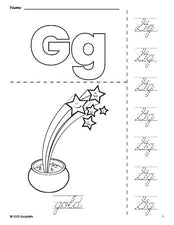 Free printable gold St. Patrick's Day coloring page and cursive letter tracing worksheet, letter g worksheet for preschool, pre-k, and kindergarten, PDF