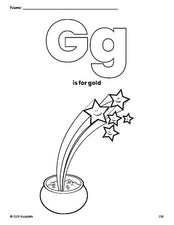 Free printable gold St. Patrick's Day coloring page, letter g coloring page for preschool, pre-k, and kindergarten, PDF