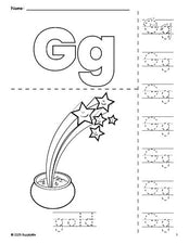 Free printable gold St. Patrick's Day coloring page and letter tracing worksheet, letter g worksheet for preschool, pre-k, and kindergarten, PDF