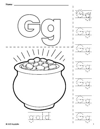 Free printable gold St. Patrick's Day coloring page and letter tracing worksheet, letter g worksheet for preschool, pre-k, and kindergarten, PDF