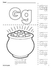 Free printable gold St. Patrick's Day coloring page and letter tracing worksheet, letter g worksheet for preschool, pre-k, and kindergarten, PDF