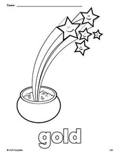 Free printable gold St. Patrick's Day coloring page for preschool, pre-k, and kindergarten, PDF