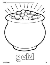 Free printable gold St. Patrick's Day coloring page for preschool, pre-k, and kindergarten, PDF