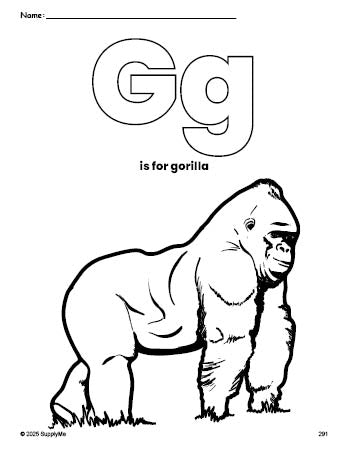 Free printable gorilla coloring page, letter g coloring page for preschool, pre-k, and kindergarten, PDF