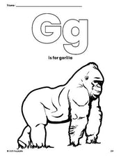 Free printable gorilla coloring page, letter g coloring page for preschool, pre-k, and kindergarten, PDF