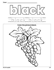 Free grapes color black coloring page and color worksheet, black worksheet for preschoolers to learn colors, printable PDF