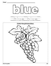 Free grapes color blue coloring page and color worksheet, blue worksheet for preschoolers to learn colors, printable PDF