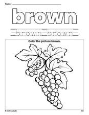 Free grapes color brown coloring page and color worksheet, brown worksheet for preschoolers to learn colors, printable PDF